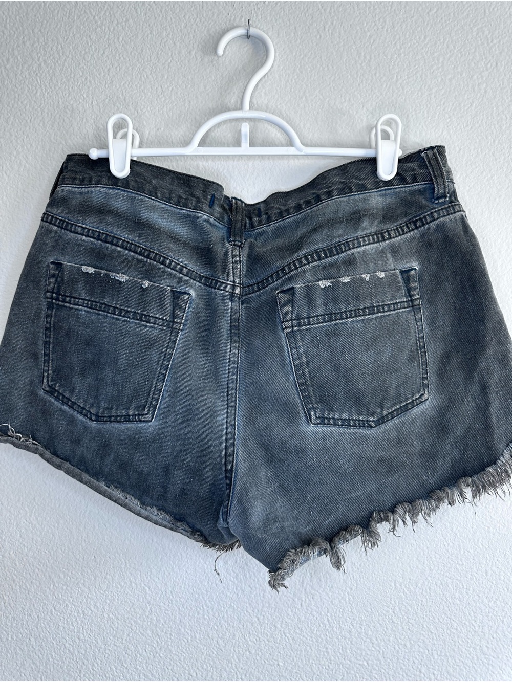 VINTAGE Free People Black Denim Frayed Hem Shorts with Purple Embroidery - Picture 6 of 6